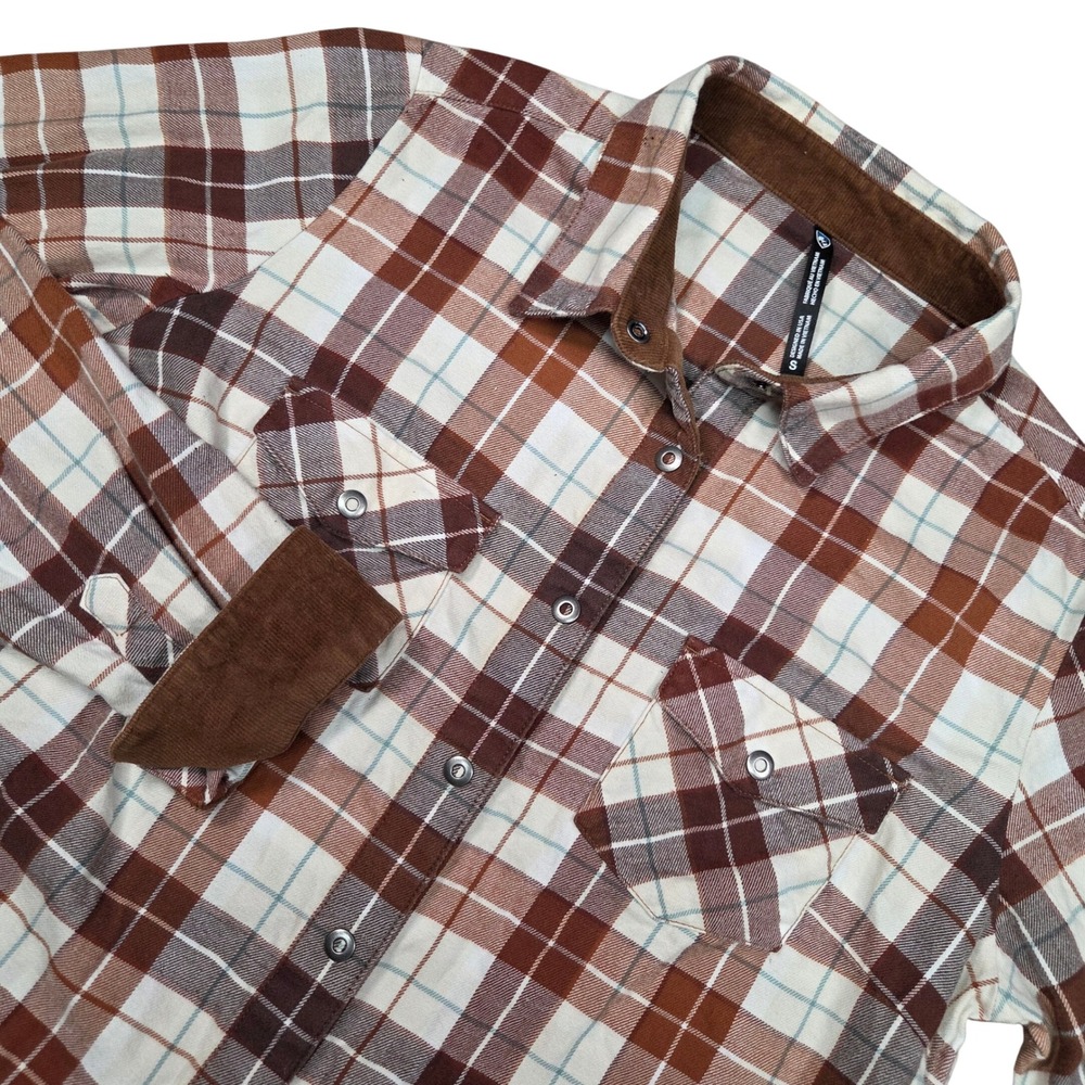 Kuhl Tess Flannel Shirt Women Small Brown Plaid Snap Corduroy Gorpcore Flip Cuff